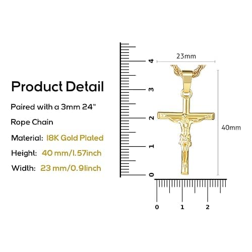 HELLOICE Crucifix Cross Necklace 18K Gold Plated Cross Pendant with 3mm 22" Rope Chain for Men Women thumbnail 2