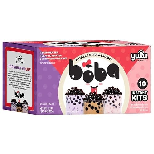 Boba Bundle Kit 10 Serv. Instant Bubble Pearl Variety Milk Tea Kit with Authentic Brown Sugar Tapioca Pearls by Yulu Foods - Ready in Under 1 Minute, Includes Paper Straws - Gift Box, Holiday (Classic, Taro and Strawberry) - Image 1