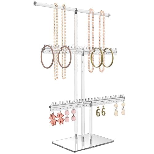 lengnoyp Premium Jewelry Stand, Earring Holder, Necklace Holder Stand, Clear 3-Tier Acrylic Large Storage Jewelry Organizer Stand & Bracelet/Bangles Stand, 48 Earring Holes Display Stands - Image 1
