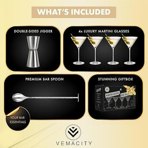VEMACITY - Ribbed Martini Glasses Set of 4 | Silver Bar Tools - 8oz Cocktail Glasses | Espresso Martini, Margarita, Manhattan, Cosmopolitan - Art Deco Cocktail Gift Set | Ideal for Martinis thumbnail 3