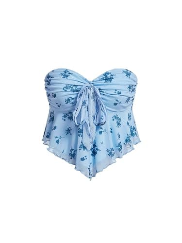 SHENHE Women's Floral Strapless Tie Front Lettuce Trim Asymmetrical Flare Boho Tube Top - Image 1