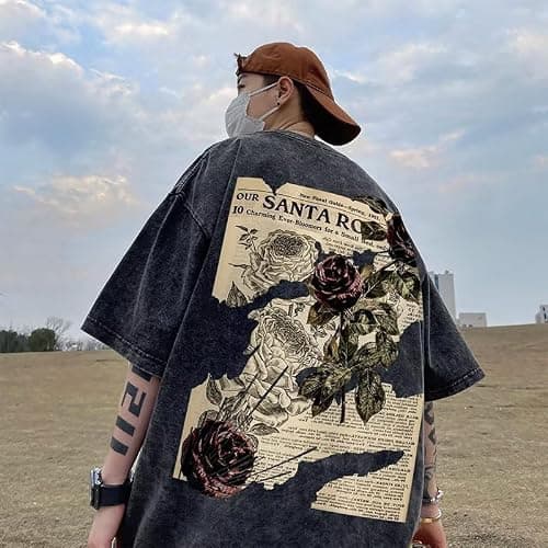 Dynict Unisex Y2k T-Shirt Rose Letter Print Oversized Graphic Tees Short Sleeve Gothic T-Shirts Grunge Clothes - Small - Grey thumbnail 3
