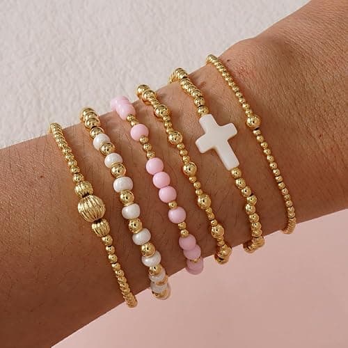 SHINUS BOHO 14K Gold Pearl Beaded Cross Bracelets Stack Set for Women,Stretch Boho Colorful Christian Beads Ball Jewelry Trendy Gift thumbnail 2