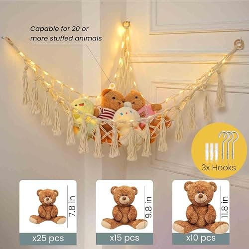 Stuffed Animal Hammock with 75LEDs, Extra Large 55in Toy Storage Macrame Hammock, Hanging Toy Net for Kids Bedroom Doll Room Corner Organizer, USB Plush Toy Hammock with Remote(XL) thumbnail 7