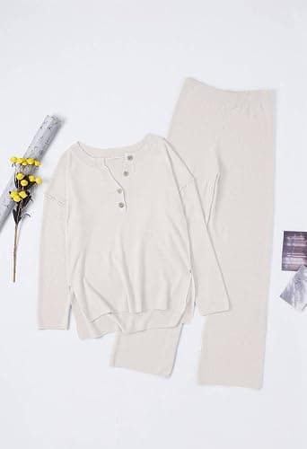 Pink Queen Women's 2 Piece Fall Outfit Lounge Set Long Sleeve Button Pullover Sweater Matching Wide Leg Pants Knit Sweatsuit thumbnail 7