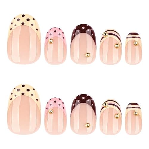 Short Press on Nails Oval - Cute French Tip Fake Nails with Striped & Polka Dots Designs,Y2K Reusable Acrylic Full Cover Glue on Nails for Women Girls Manicure 24Pcs thumbnail 5