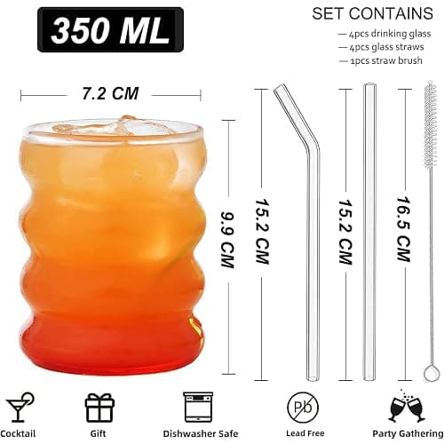 ALINK Gerippte Trinkgläser mit Glasstrohhalmen 4er Set, 350ml Eiskaffeegläser, Wave Gläser Tumbler, Wassergläser,Longdrinkgläser,Trinkgläser, für Cocktail,Wasser, Soda, Geschenk mit Pinsel thumbnail 3