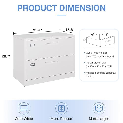 Yizosh 2 Drawer White File Cabinet with Lock, Filing Cabinet for Home Office, Metal Locking Office File Storage Cabinet with Drawers, Lateral Filing Cabinet Organizer for Letter/Legal/F4/A4 thumbnail 3