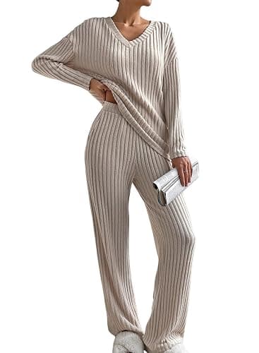 SHEWIN Women's Pajama Sets Long Sleeve Short Sleeve 2 Piece Lounge Sets Ribbed Knit Sweater Sleepwear - Image 1
