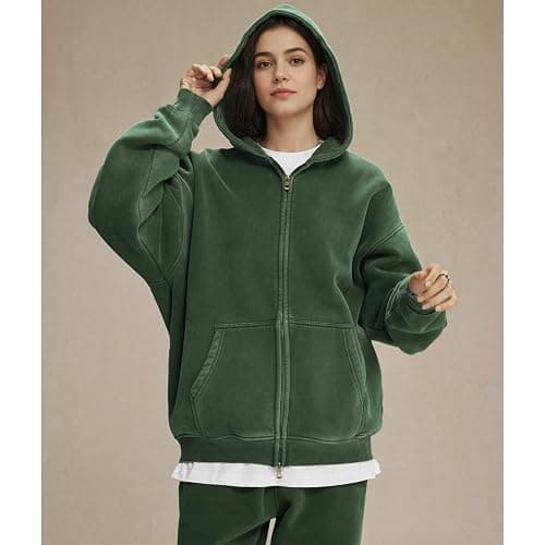 Talakeno Womens Double Zip Up Hoodies Oversized Heavyweight Fleece Sweatshirt Acid Wash Hoodie Vintage Distress Cotton Jacket thumbnail 3
