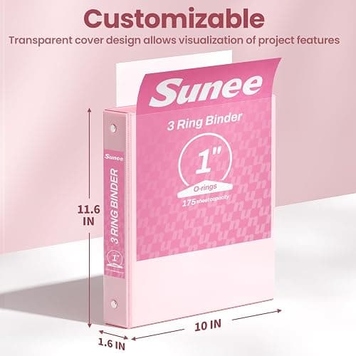 SUNEE 3 Ring Binder 1 Inch Pink 1 Pack, Holds 175 Sheets of Letter Paper, Clear View 1" Three Ring PVC-Free (Fit 8.5x11 Inches) for School or Office Supplies thumbnail 2