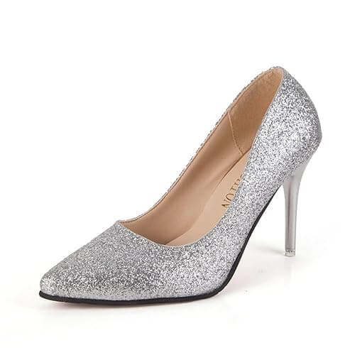 Escarpins à talons hauts pour femme - Paillettes - Chaussures de soirée avec talon bloc - Chaussures de fête - Chaussures de mariage élégantes et confortables - Chaussures en dentelle - Chaussures à thumbnail 2