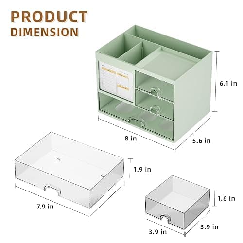 Marbrasse Desk Organizer with 3 Drawer, Multi-Functional Pencil Pen Holder for Desk, Desk Organizers and Accessories with 4 Compartments, Desktop Organizer Storage for Office Home Supplies (Green) thumbnail 3