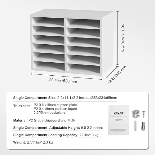 VEVOR Literature Organizers, 12 Compartments Office Mailbox with Adjustable Shelves, Wood Literature Sorter 20.4x12x16.1 inches for Office, Home, Classroom, Mailrooms Organization, EPA Certified White thumbnail 3