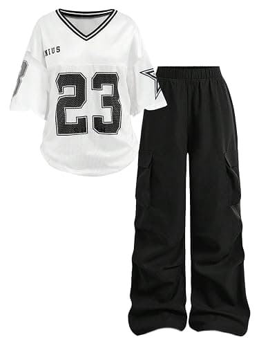 Floerns Girl's Two Piece Outfit Y2k Number V Neck Jersey Shirts with Cargo Pants Set - Image 1