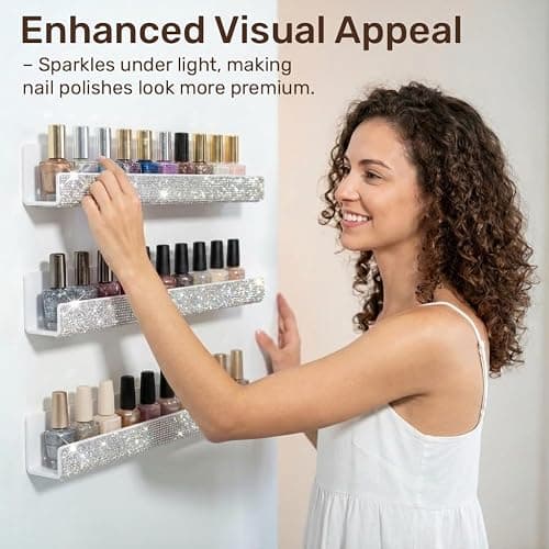 YMVV Nail Polish Wall Shelf - 15-Inch Diamond Crystal Display & Organizer Rack, Holds 60+ Polishes, Soft Ledge for Bedroom, Bathroom, Salon,6 Pack thumbnail 4