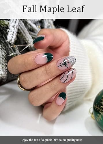 AutyaMee Semi Cured Gel Nail Strips (Green French), Christmas Silver Glitter, Bow, 20 Pcs Gel Nail Wraps, Stickers, Salon Quality, Works with Any UV Lamps thumbnail 5