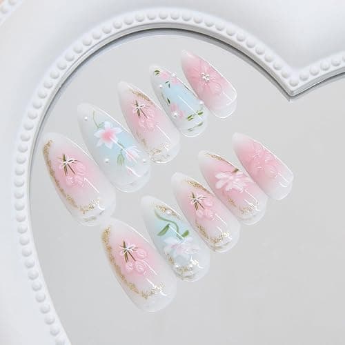 Mkwntg 24Pcs Gradient Press on Nails Medium Almond Fake Nails 3D Light Flower Blush Pearl Shimmer False Nails Pink Blue White Glue on Nails Reusable Acrylic Spring Floral Stick on Nail for Women thumbnail 3