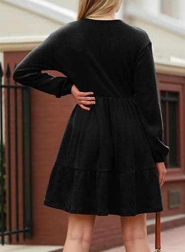 Dokotoo Fall Dresses for Women 2025 Long Sleeve V Neck Lightweight Ribbed Knit Empire Waist Casual A Line Swing Mini Dress thumbnail 2