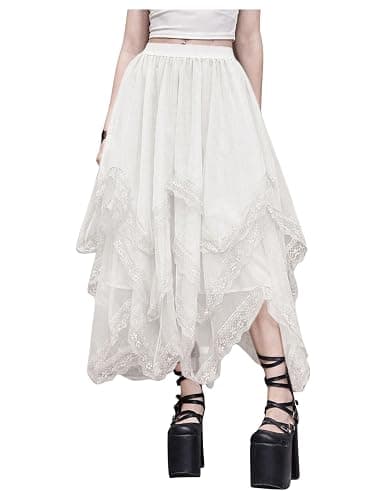 SHENHE Women's Lace Trim Layered Mesh Tulle Skirt High Waist Asymmetrical Long Goth Skirt - Image 1