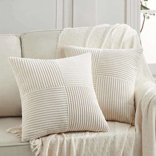 Fancy Homi 2 Packs Boho Cream Decorative Throw Pillow Covers 18x18 Inch for Living Room Couch Bed Sofa, Rustic Farmhouse Home Decor, Soft Corss Corduroy Patchwork Textured Square Cushion Case 45x45 cm - Image 1