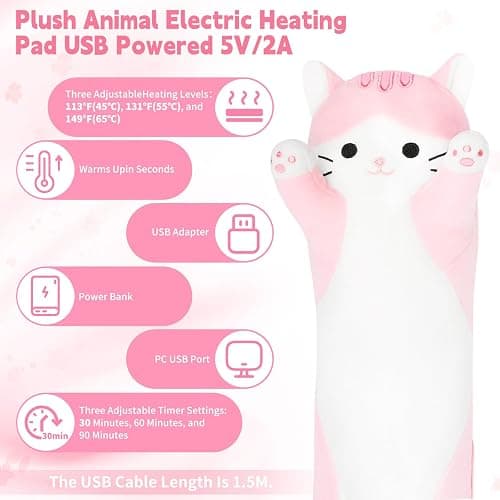 Sprinqdawin Sakura Cat Heating Pad-USB Heated Plush Stuffed Animals for Period Cramps and Menstrual Pain Relief,22” Portable Electric Kitten Heating Pads,Built-Pocket Plush Girls Birthday Gifts,Pink thumbnail 4