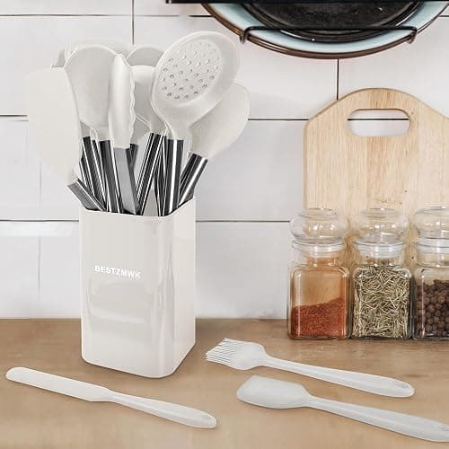 Kitchen Utensil Set-Silicone Cooking Utensils-33 Kitchen Gadgets & Spoons for Nonstick Cookware-Silicone and Stainless Steel Spatula Set-Best Kitchen Tools, Useful Pots (Cream White) thumbnail 2