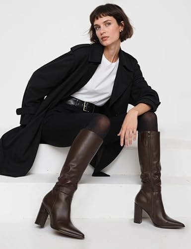 Easyfox Knee High Boots Women Pointed Toe Chunky Heel Fall Tall Boots Side Zipper Faux Leather Long Boots for Women thumbnail 2