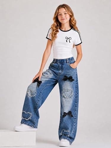Azmxynol Tween Girl Clothes Short Sleeve Top + Butterfly Design Jeans 2 Pieces Spring Summer Outfit Set, Size 6-14 Years thumbnail 3