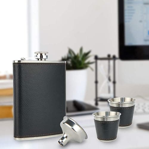 Hip Flask Gift Set, Hip Flasks for Liquor for Men with Black Leather Cover, 8 Oz Hip Flask Set, 18/8 Stainless Steel Hip Flasks for Liquor with 2 Cups & Funnel, Flasks for Liquor for Men Gift Box1 thumbnail 7