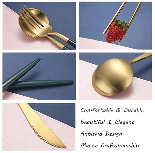 AARAINBOW 8 Pieces Stainless Steel Flatware Set Portable Reusable Cutlery Set Travel Utensils Set Including Chopsticks Knife Fork Spoon Straws Cleaning Brush Dishwasher Safe (Green Golden) thumbnail 6
