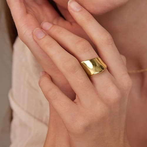 14K Gold Plated Chunky Statement Ring for Women | Stainless Steel Hypoallergenic Wide Stackable Rings - Image 1