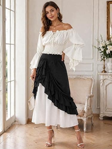 Womens Casual-Elastic-Ruffled Renaissance-Skirt - High Waist Double-Layer Lace Ruffle Renaissance Maxi Skirts thumbnail 3