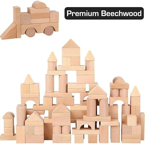 100 Pcs Wooden Blocks for Toddlers 1-3 Building Blocks for Kids - Natural thumbnail 4