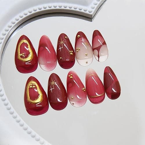 30Pcs Ombre Red Press on Nails Medium Almond Fake Nails 3D Star Rhinestones Glitter Handmade Design Y2K Gold Star Bead Full Cover Stick on Nails Chrome False Nails for Women Acrylic Nail Decorations thumbnail 4