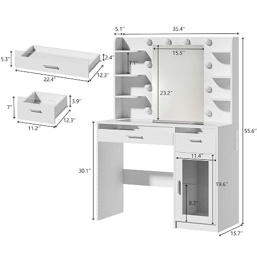 HUAHUU Vanity Desk with Mirror and Lights, Makeup Vanity Desk with Lights 3 Colors, Transparent Top Vanity with 2 RGB Drawers, 6 Shelves, Large Tempered Cabinet, Power Outlet, for Bedroom, White thumbnail 2