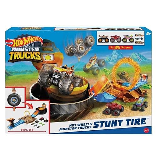 Hot Wheels Toy Monster Trucks Playset, Tire-Shaped Case Transforms into Race Course, 3 Trucks & 4 Cars in 1:64 Scale, Stunt Tire (Amazon Exclusive) thumbnail 6
