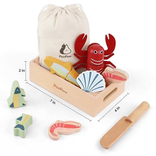 PairPear Wooden Toy Play Food Cutting Seafood Set for Kids Kitchen | Toddlers Wooden Toy Food Pretend Play Kitchen Accessories, Cutting Food Cooking Toys Gift for Boys Girls 3 4 5 + thumbnail 3