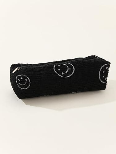 Smile Pencil Case Lightweight Small Aesthetic Pen Case Office College School Storage Bag Pouch Holder Box Organizer Makeup Pouch Cosmetic Bag Cute Pencil Case for Girls Boys Kids (Black) - Black thumbnail 3
