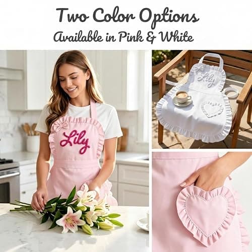 Varedia Custom Aprons for Women with String Embroidery Name and Heart-Shaped Pouch Personalized Pink Aprons for Kitchen, BBQ thumbnail 7
