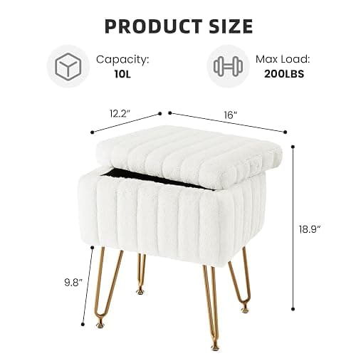 Sweetcrispy Vanity Stool Chair with Storage, Off-White Makeup Chair | 18.9”H x 16”L x 12.2”W Ottoman Chair Faux Soft Padded Footstools Seat with 4 Metal Legs Anti-Slip Adjustable Feet, Off-White thumbnail 3