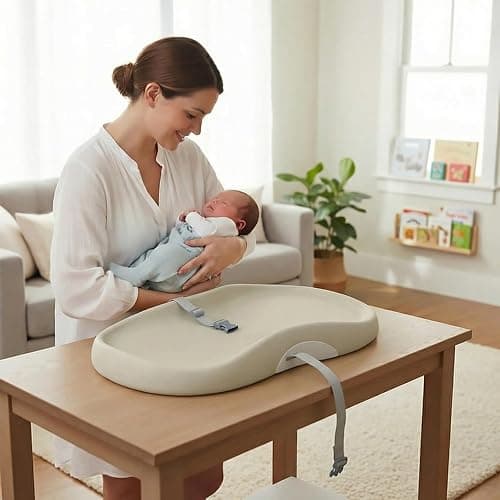 UBRAVOO Matelas à langer avec harnais de sécurité et étagère à jouets, matelas à langer anti-roulement, facile à nettoyer, imperméable et avec bords rembourrés surélevés (Beige, Style Classique) thumbnail 2