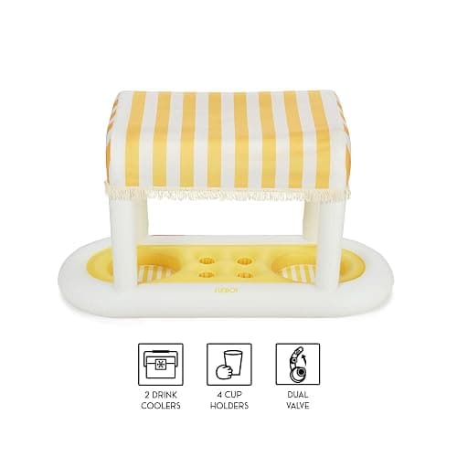 Giant Floating Yellow Cabana Stripe Drink Station, Removable Fabric Shade with Fringe, Perfect for Parties, Table-Top Decorations and in-Pool Refreshments. thumbnail 6