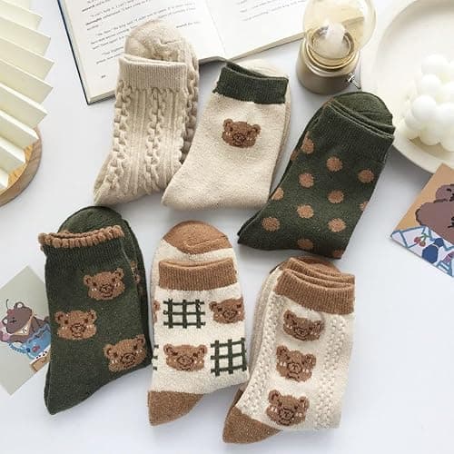 Kelabia 6 Pair Cute Cotton Socks Kawaii Bear Ankle Preppy Ruffle Socks for Women Japanese Fall Vintage Crew Socks thumbnail 5