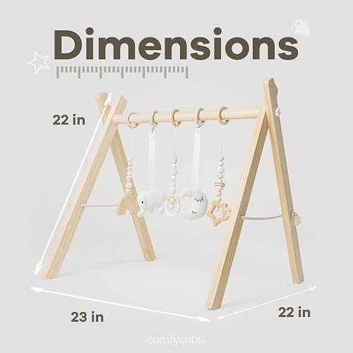 Comfy Cubs Wooden Baby Play Gym - Natural Finish Pinewood Baby Activity Gym with 5 Sensory Hanging Toys - Easy No-Tool Assembly, Safe and Durable for Infant Motor and Visual Development - Natural Wood thumbnail 2