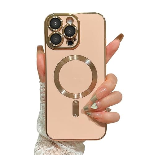 OOK Magnatic Case for iPhone 16 Pro Case [Compatible with MagSafe] Full Camera Lens Protector Gold Electroplate Edge Soft TPU Shockproof Protective Phone Case for Women Girls 6.3 Inch - Pink thumbnail 7