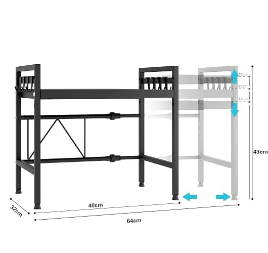 Mointal Verstellbares Mikrowellenregal, 2-Stufig Erweiterbares Küchen Mikrowelle Ständer Regal, Mikrowellenhalter aus Kohlenstoffstahl, Küchenaufbewahrung Organizer mit 8 Haken, Schwarz thumbnail 3