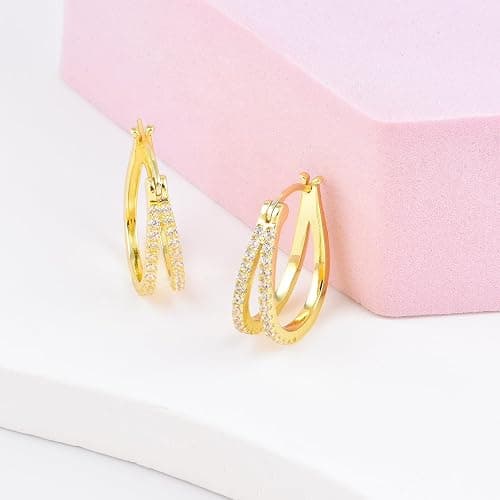 Hypoallergenic Hoop Earrings for Women, 14K Gold Plated Double Hoops Earrings with Cubic Zirconia Pave Cluster Lightweight Hoops Earrings for Lover Anniversary Birthday Christmas thumbnail 8