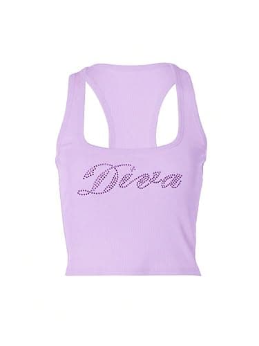 WDIRARA Women's Letter Rhinestone Racerback Crop Tank Top Y2k Square Neck Sleeveless Rib Knit Tops thumbnail 4