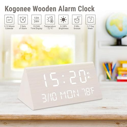 Kogonee Wooden Digital Alarm Clock, 0-100% Dimmer, 2 Alarm Settings, Weekday/Everyday Mode, 9 Mins Snooze, 12/24H, Temperature and Date Display for Office, Travel, Bedroom Alarm Clock (White) thumbnail 7